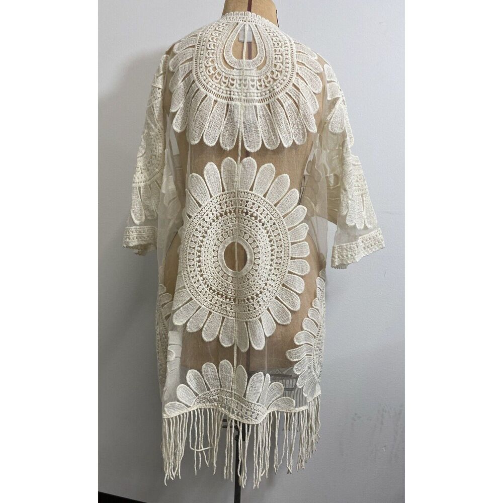 Chico's Lace Embroidered Fringe-Detail Kimono Sheer Duster Cream Size S/M NWT - Picture 3 of 9